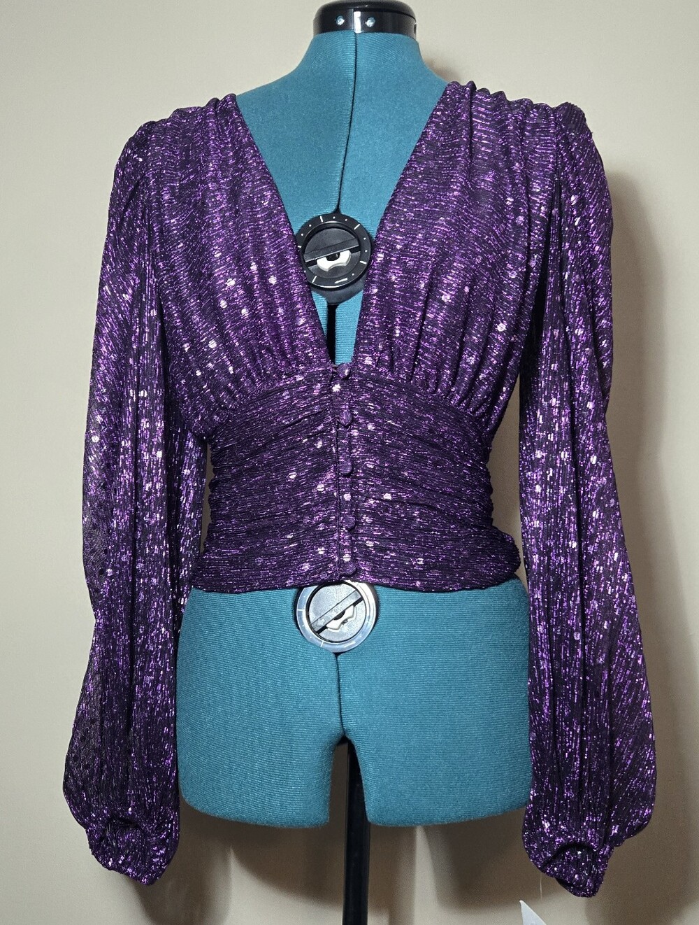 NWT For Love & Lemons La Villette Purple Metallic Cropped Blouse Puff Sleeve